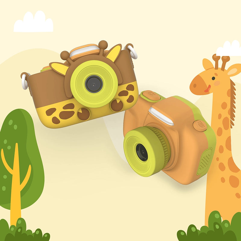 myFirst kids cameras featuring a brown giraffe-design camera and an orange animal-design camera with green lenses, set against a playful cartoon background.