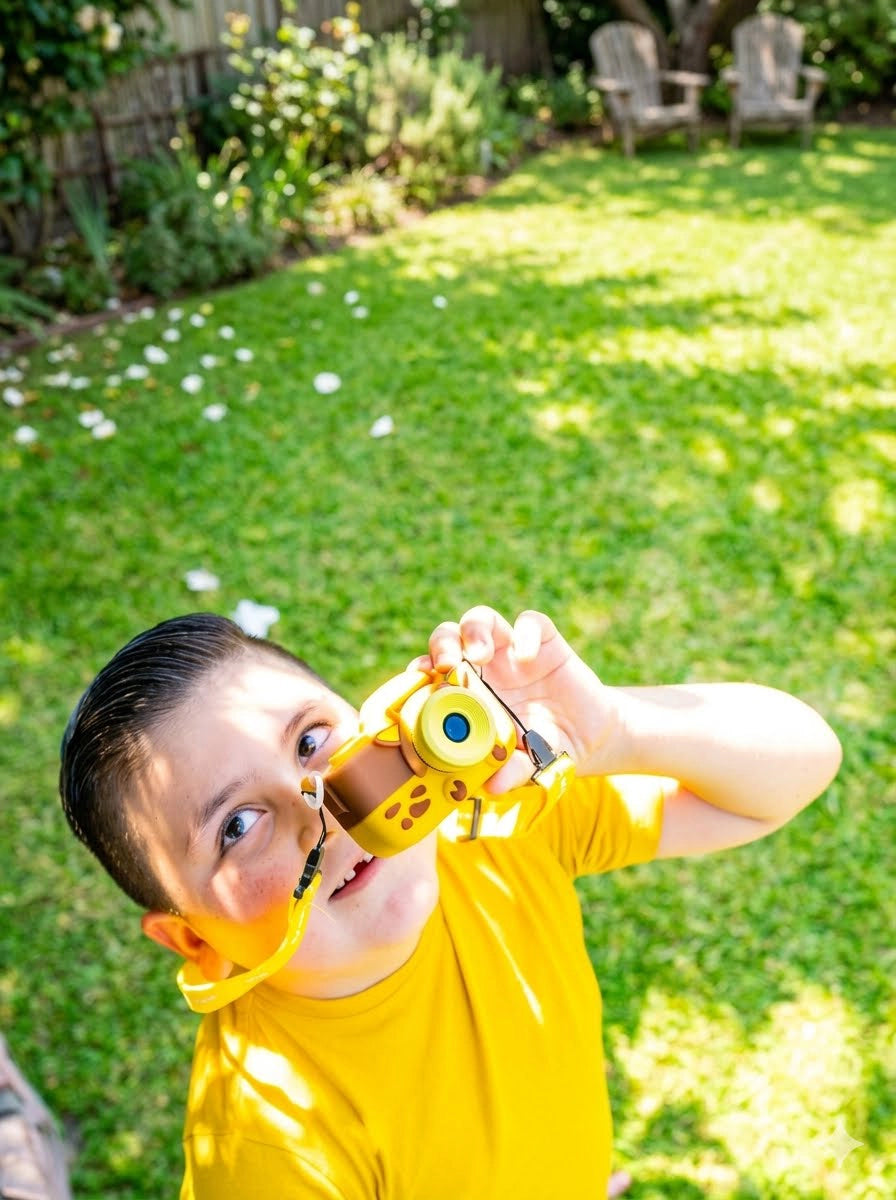 Vertical shot of a smiling boy holding a myFirst yellow kids camera with a giraffe design in a sunny garden setting.