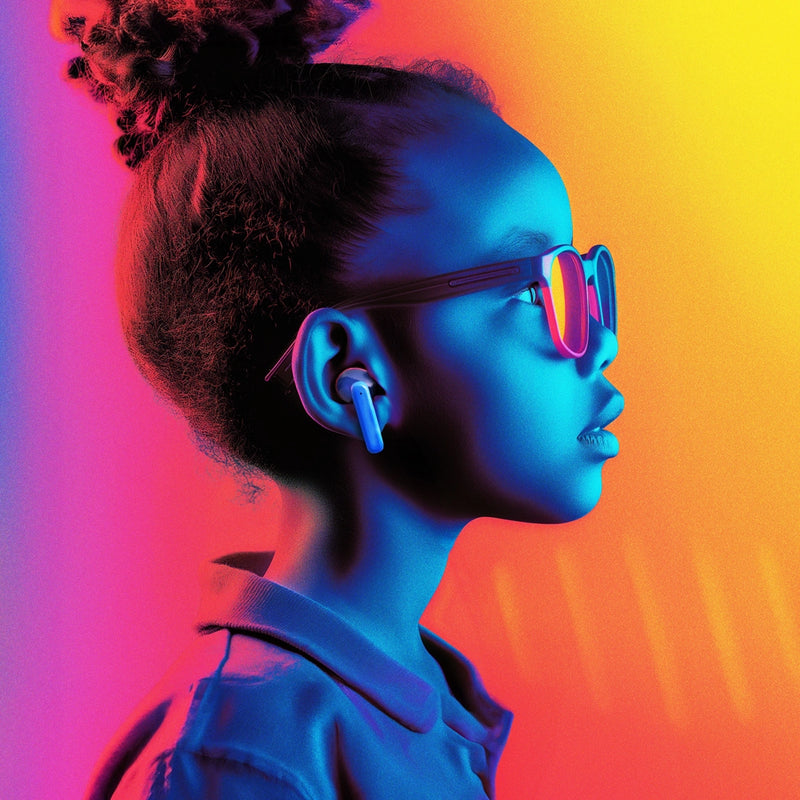 Child wearing myFirst CareBuds kids wireless earbuds and sunglasses under colorful neon lights.