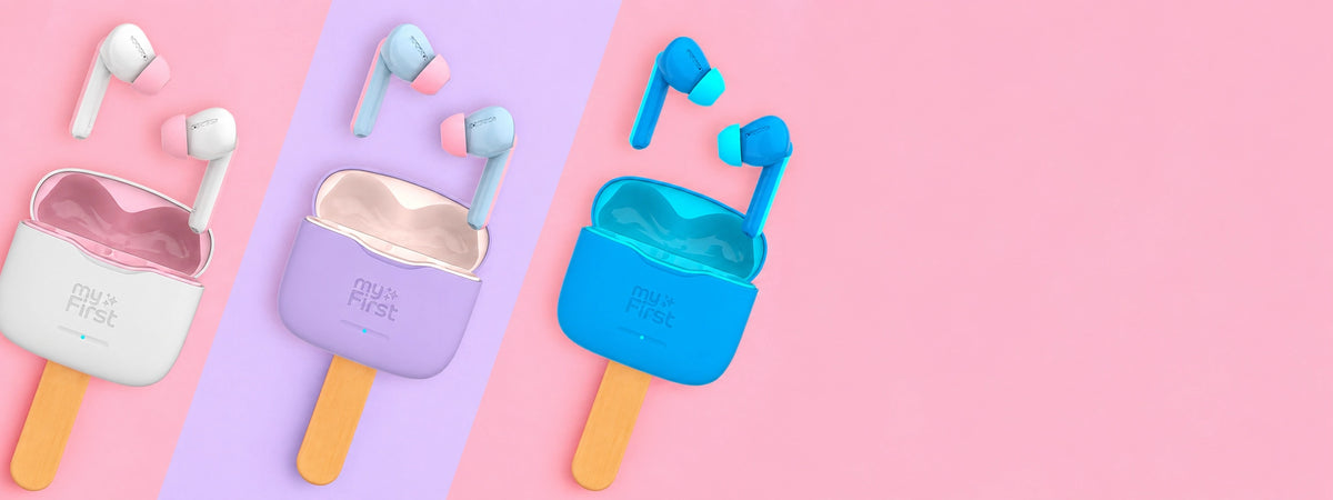 myFirst CareBuds kids wireless earbuds in white, purple, and blue with charging cases