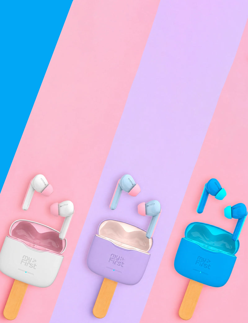 myFirst CareBuds kids wireless earbuds in white, purple, and blue with charging cases