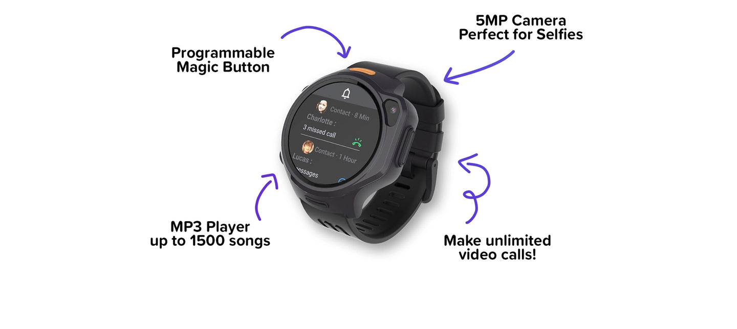 myFirst Fone R2 kids smartwatch graphic highlighting the Programmable Magic Button, 5MP selfie camera, MP3 player with 1500 songs, and unlimited video call features.