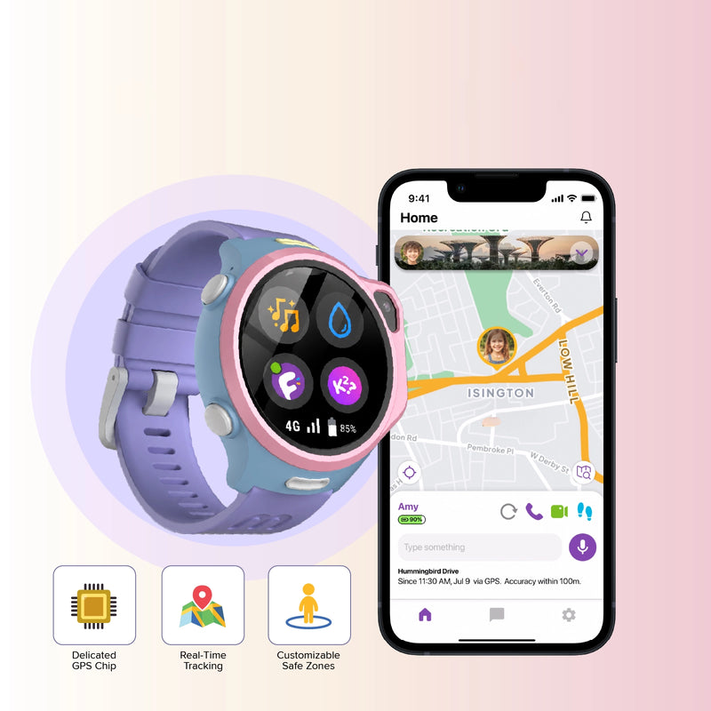 myFirst Fone R2 kids smartwatch displaying 4G and app menu, paired with a smartphone showing real-time GPS tracking map and safe zones in the myFirst Circle app.