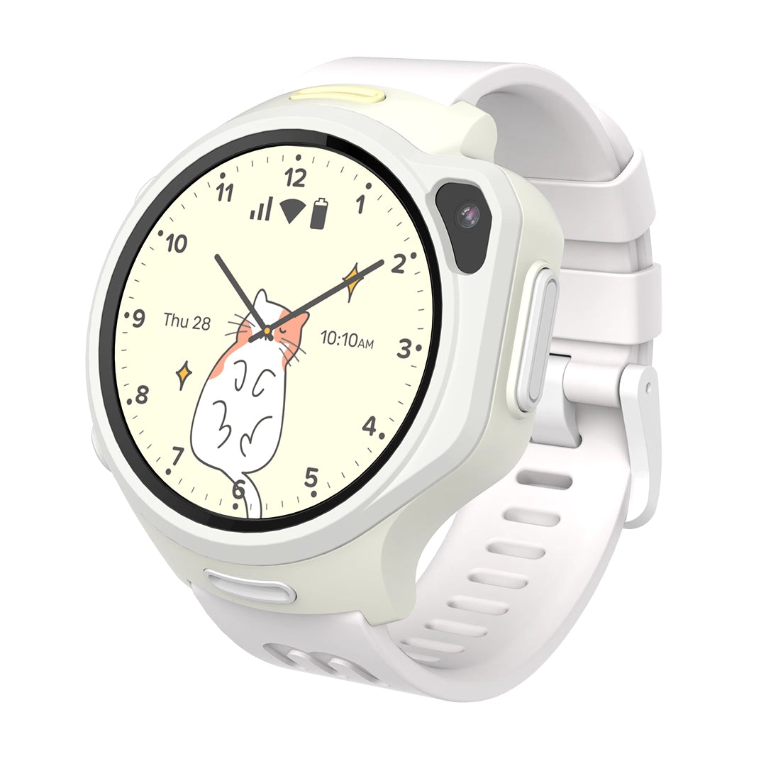 myFirst Fone R2 white kids smartwatch with a cute cartoon cat analog clock face and built-in camera.