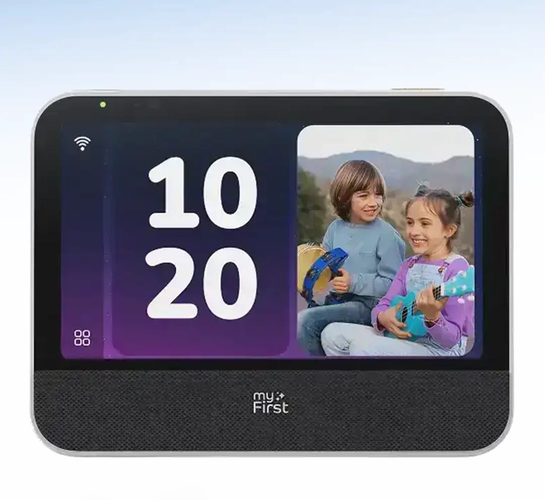 myFirst Frame Clario smart display featuring a digital clock and a family photo of children playing instruments on the screen.