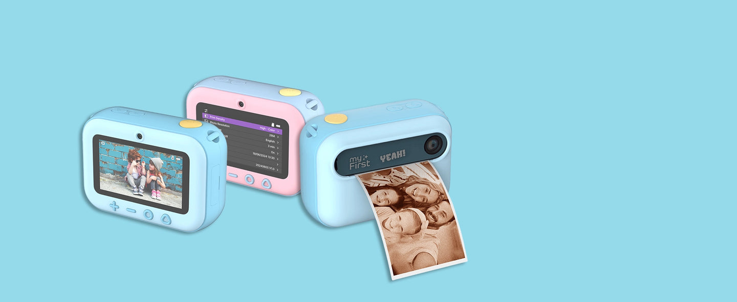 Three myFirst Insta 20 kids instant print cameras in blue and pink on a light blue background, showcasing different screen views and a camera printing a family photo.