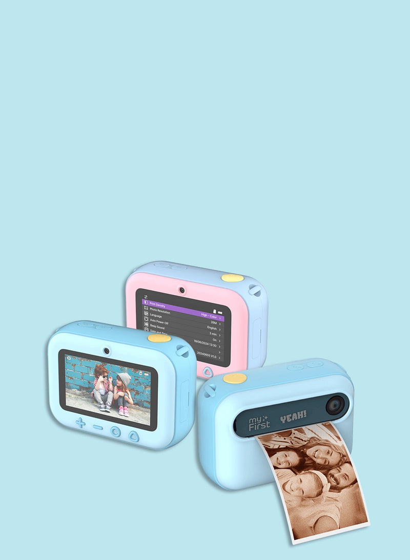 Three myFirst Insta 20 kids instant print cameras in blue and pink on a light blue background, showcasing different screen views and a camera printing a family photo.