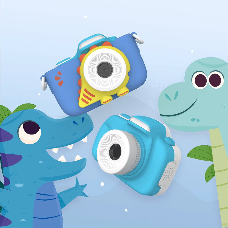 myFirst blue kids cameras featuring a dinosaur-themed design with a yellow spiked border, and a classic blue model, set against a playful cartoon dinosaur background.