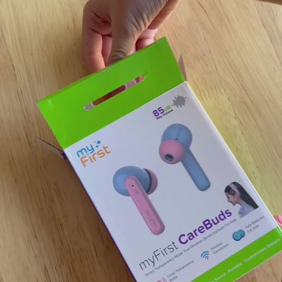 video of unboxing carebuds earbuds for kids