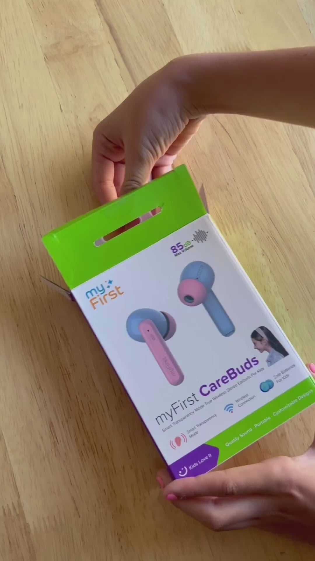 video of unboxing carebuds earbuds for kids