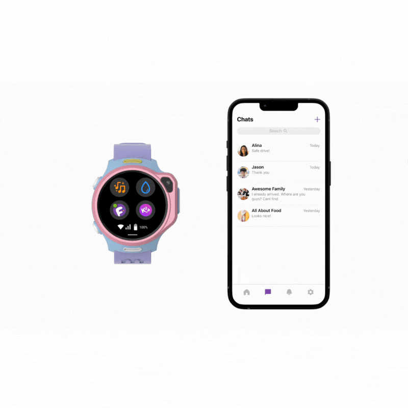 myFirst Fone R2 kids smartwatch paired with a smartphone, showcasing the All-in-One Kid-Friendly Messenger app with fun Momoji and Knock-Knock photo snapshot features.