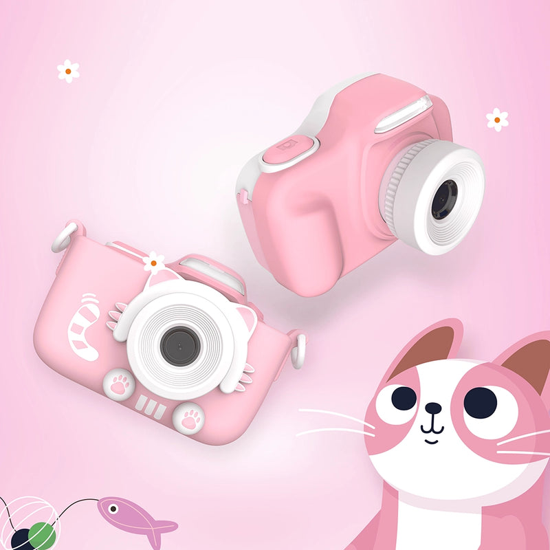 myFirst pink kids cameras featuring a cat paw design with a plush bow, and a classic pink model, set against a cute cartoon background.