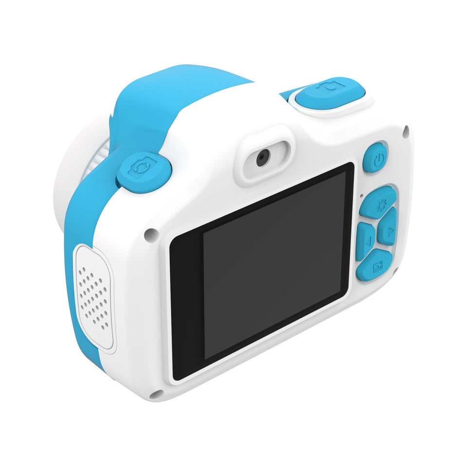 blue and white digital camera for kids back view with buttons