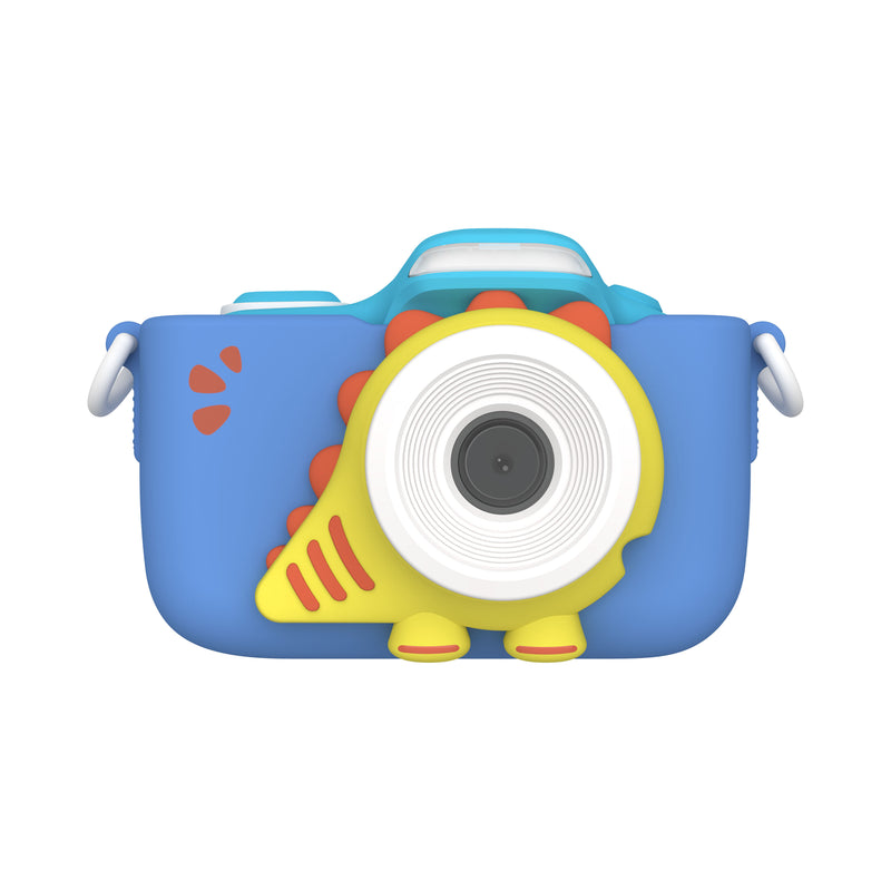 Blue kids digital camera with yellow dinosaur face and orange spikes around lens, front view
