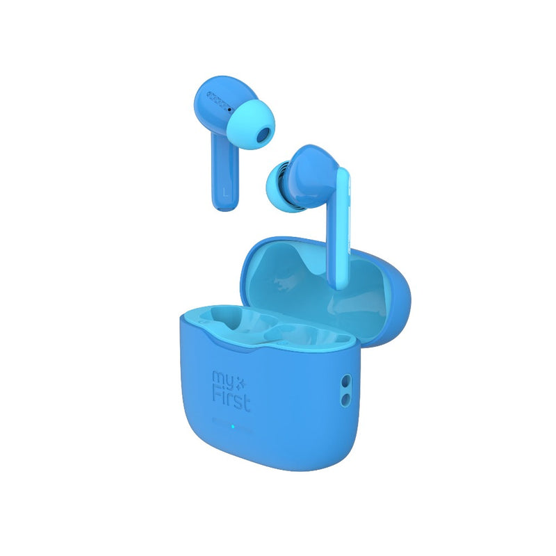 Kids wireless earbuds with charging case, blue earbuds in blue case, 85dB volume limit
